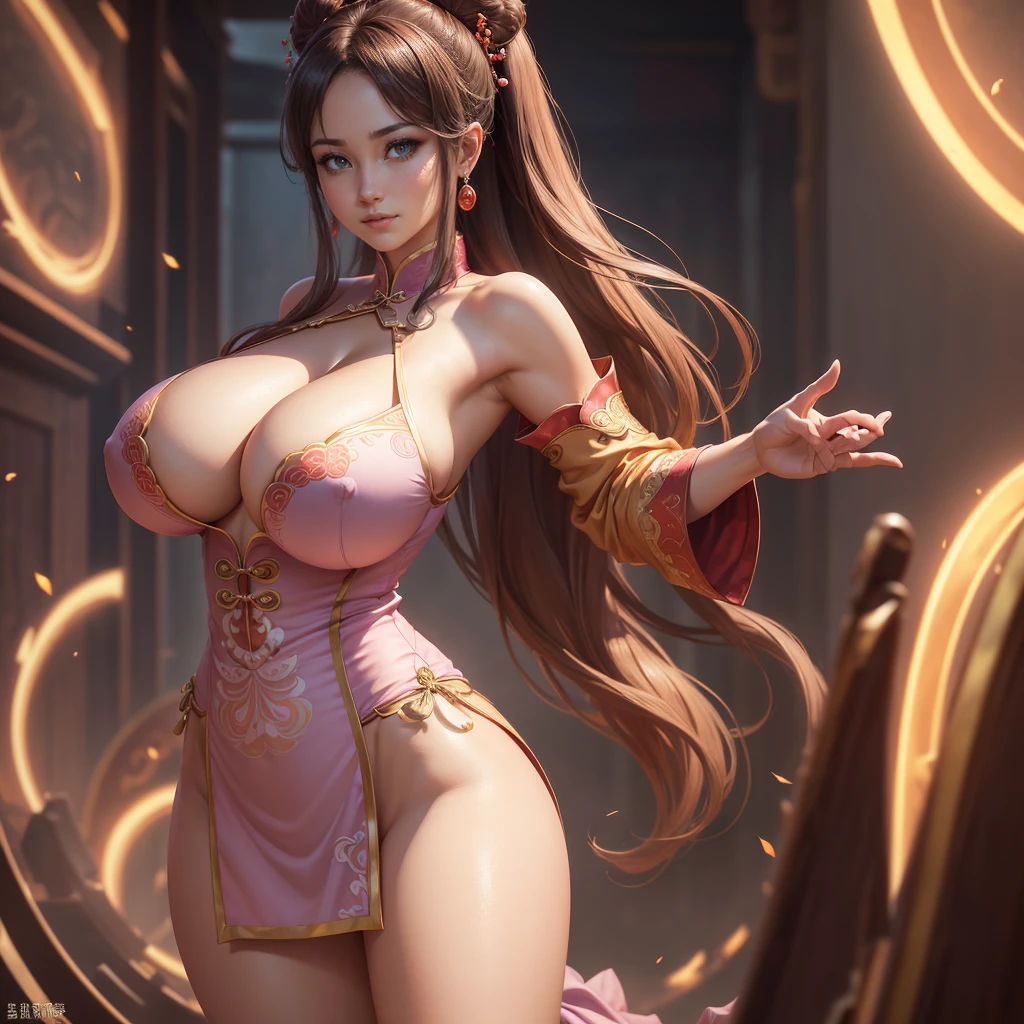 Highly detailed CG unit 8k wallpaper, masterpiece, High resolution, highest quality, highest quality real texture skin, Super Real, Digital Painting, Best image quality, 最High resolution, 8k, ((Highly detailed eyes and face)), Beautiful eyes every detail, Full Body Shot, Crouching posture, Accentuate your chest, chinese style embroidery, china dress, slit, Thighs, ((disproportionate breasts, huge breasts, sagging breasts, Cleavage, gigantic breasts, Saggy breasts, Gravity-dependent breasts, long chest, Heavy chest, erect nipple)), smile, grin, ((Diao Chan, Three Kingdoms)), lewd, Prostitute, Light peach color, Light purple color, パステルカラー, slender, 