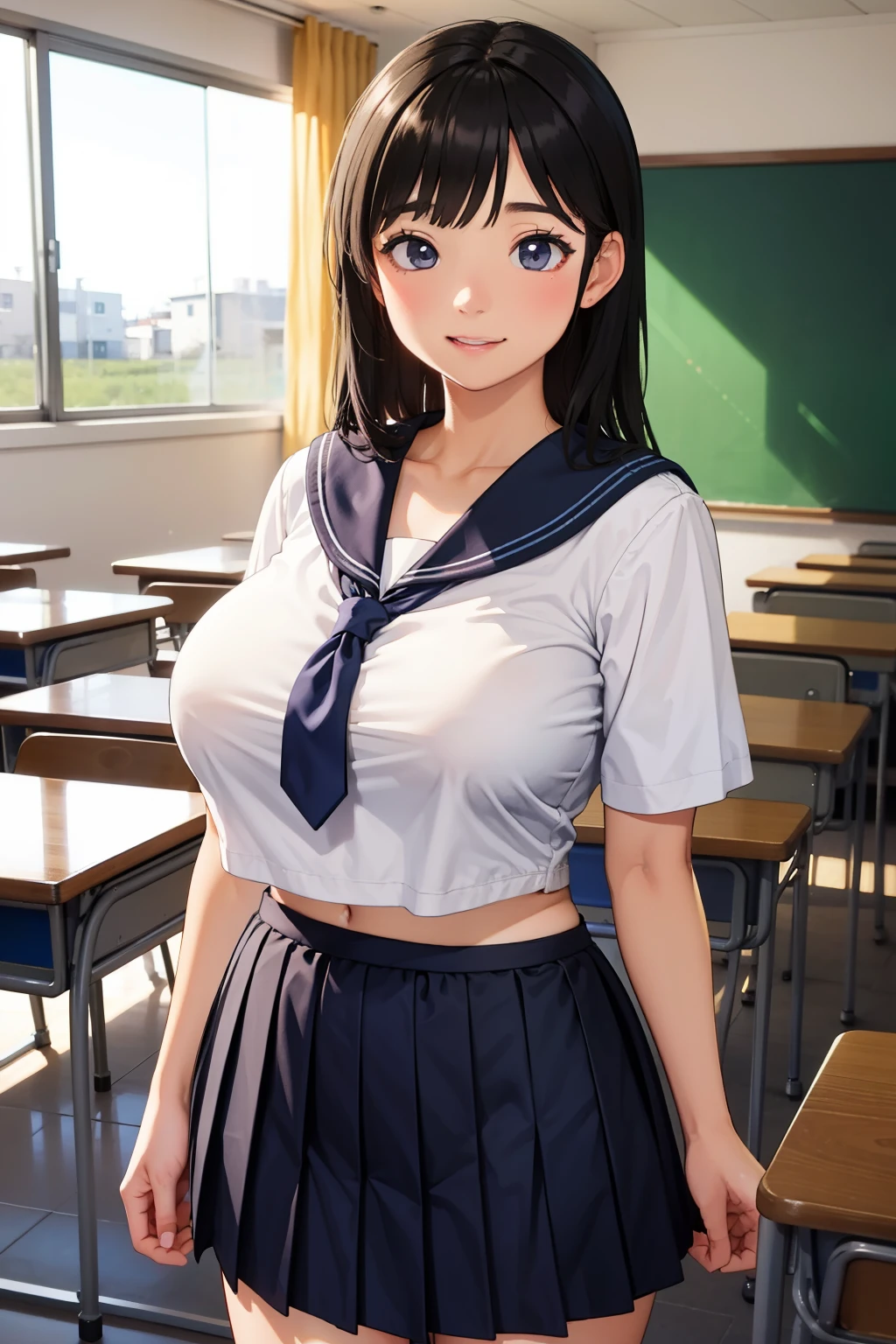 (超High resolution,4K,Very detailed, photograph, 8k, High resolution, High resolution, Absurd:1.2),18 year old Japanese female,Black Hair,Beautiful character design,Beautifully detailed eye depiction,Perfect Face,Expressive eyes,Brown eyes,Please smile with your teeth showing,(School Sailor Uniform,Navy Blue Skirt),Open clothes,White socks,Black Loafers,(Huge breasts:1.0),(See-through bra:0.3),Tight waist,In the classroom,Daytime,Cowboy Shot