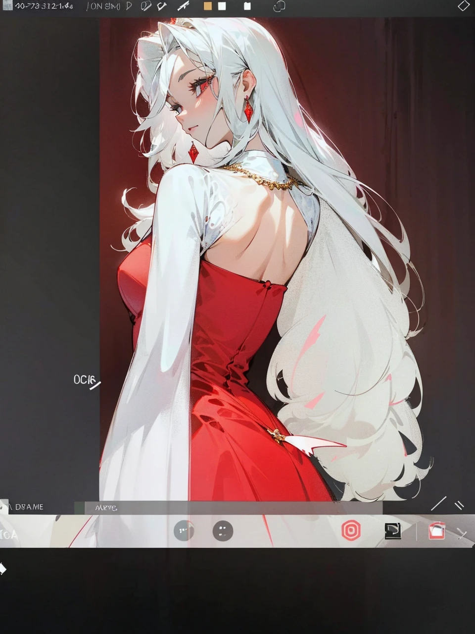 Add in roses to her dress, a good back dress design with some golden jewelry, make her dress into a red and white gown with a hat, give her some unique Jewelry, and make her look somewhat of a demonic angel like appearance to her