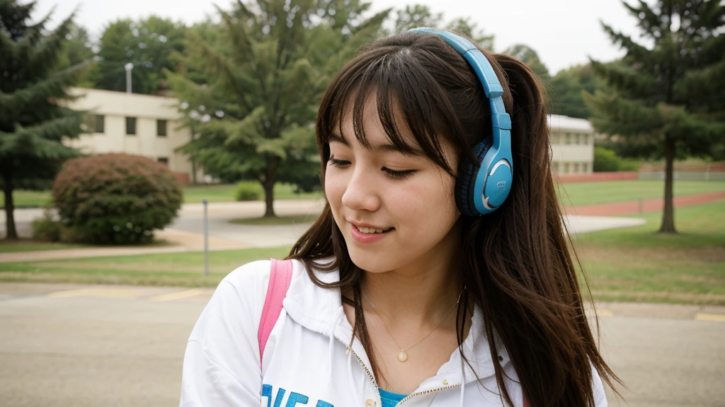 High school girl listening to music。