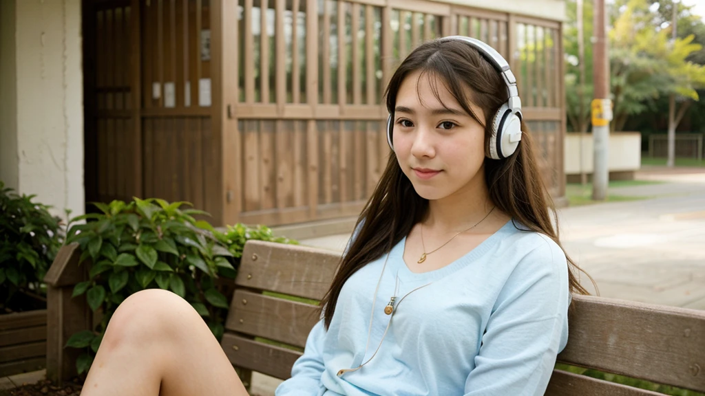 High school girl listening to music。