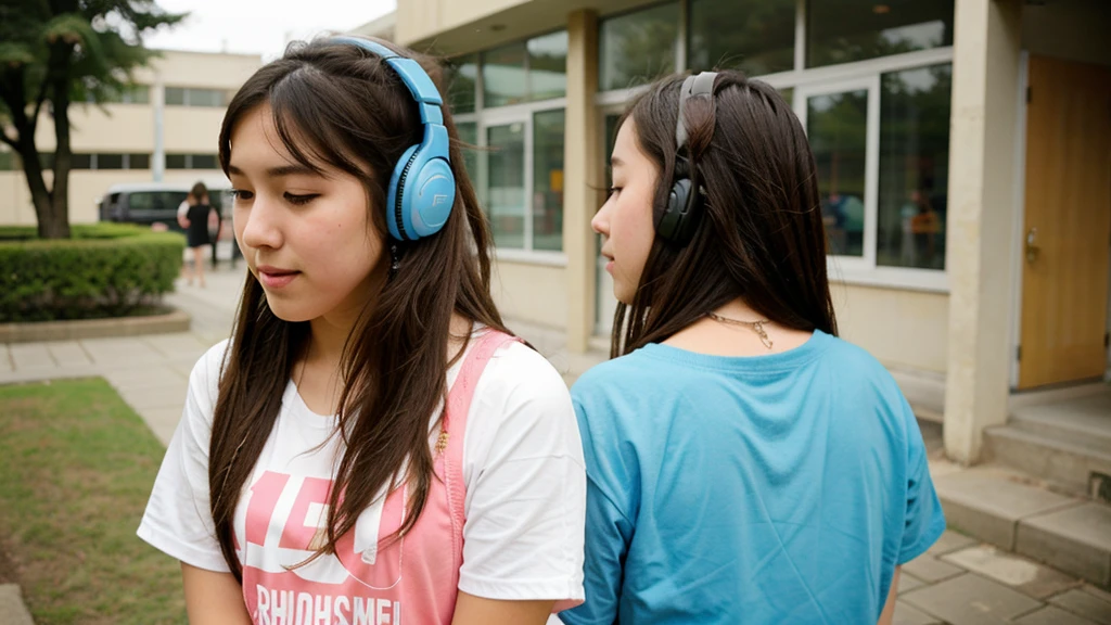 High school girl listening to music。