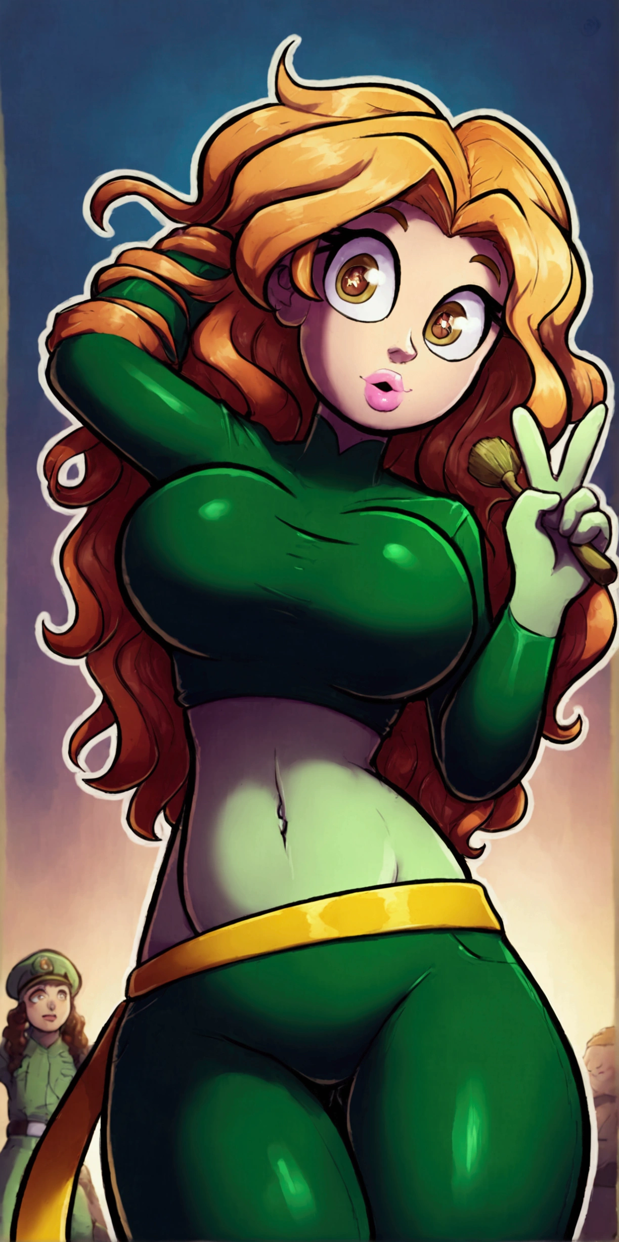 A tender Russian woman with a big chest, a character with longer wavy hair, bright red, her brown eyes, rectangle, big pupils, pink lips, wearing a light green military suit, brushing a yellow line, showing her navel, and wearing her light green pants, wearing a yellow belt, and saluting a soldier, Ukraine, peace.