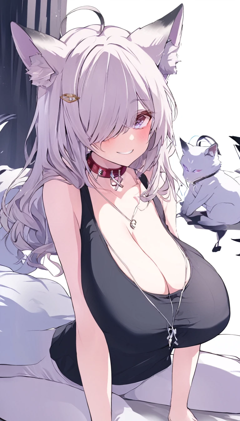 a woman with big  sitting on some pillows wearing a catlike necklace, 1girl, breasts, animal ears, tail, huge breasts, solo, white pants, fox tail, hair over one eye, fox ears, sitting, animal ear fluff, purple eyes, smile, pants, collar, looking at viewer, blush, white hair, black shirt, shirt, jewelry, medium hair