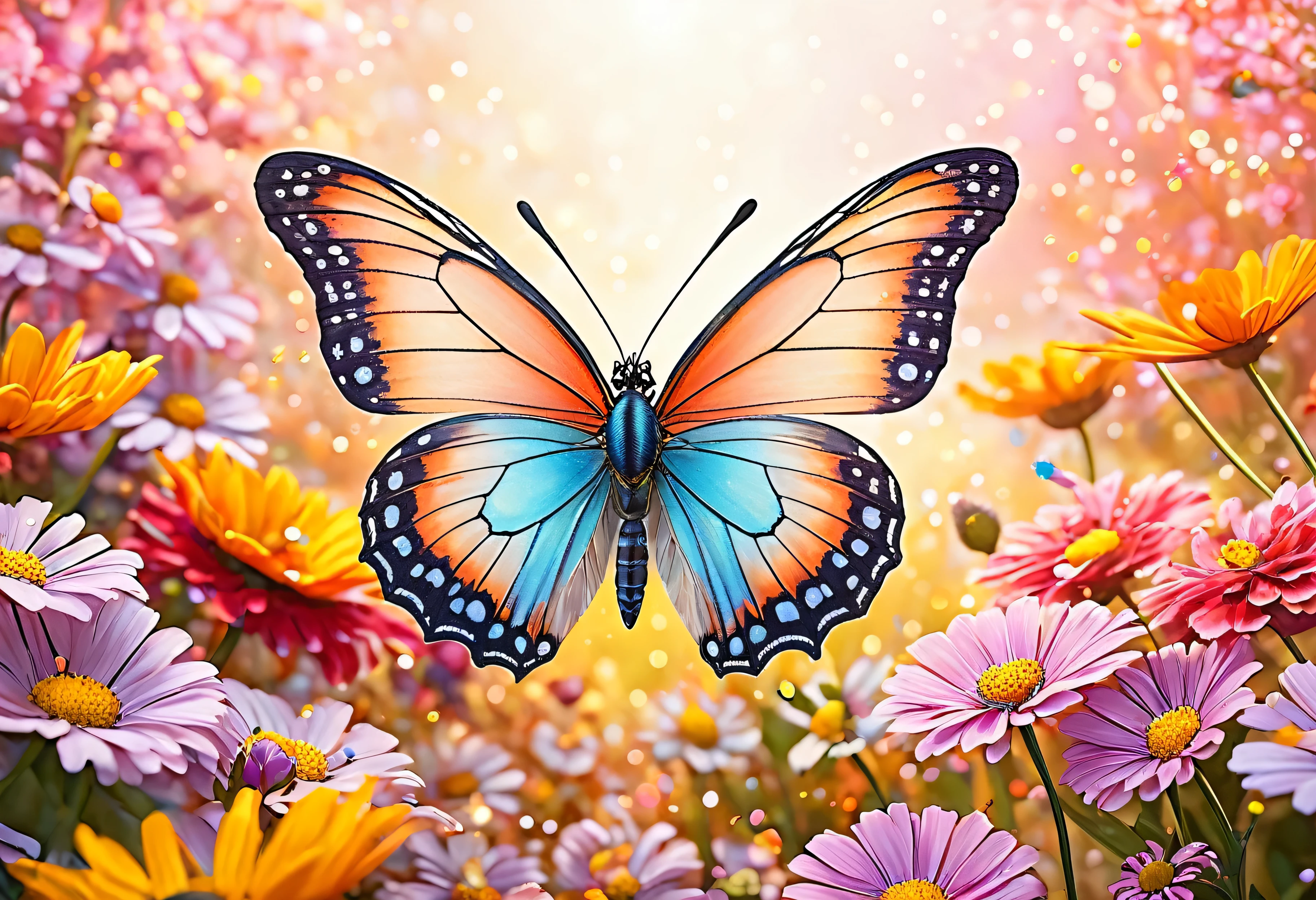 ultra-realistic, highly detailed macro image of a cute butterfly flying above vibrant, colorful flowers. The butterfly should have delicate, intricately patterned wings with soft pastel hues, captured in close-up detail. Surround the scene with gentle, warm sunlight, tiny sparkles in the air, and small, whimsical creatures like ladybugs and fairies to enhance the overall cuteness. The flowers should be in full bloom, with their textures and colors vividly showcased, adding to the vibrant and enchanting atmosphere.