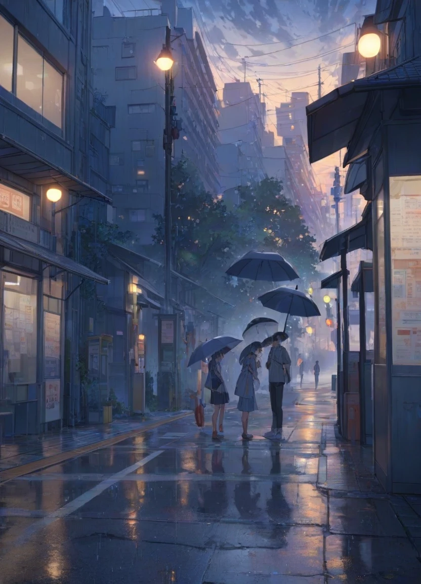 Drizzling street corner, under dim dusk sky, wet asphalt, bus stop, high school students, girl is wet from rain, smiling innocently, boy runs up to pick up girl, offers umbrella to girl, buildings and street lights in background with details as seen in Makoto Shinkai's works, bus stop, PEAnimeBG, city street, landscape, background, animation, sky, masterpiece, high resolution, octane 4k, detailed
