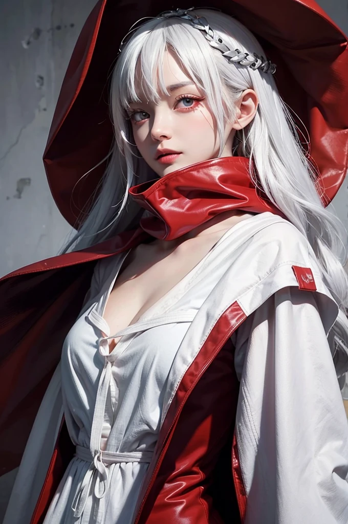 1girl, red_eyes, breasts, hood, bandages, solo, looking_at_viewer, bandaged_neck, cloak, white_hair, upper_body, red_cloak, bandaged_head, hooded_cloak, collarbone, medium_breasts, glowing_eyes, lips, glowing, parted_lips, blood, hood_up, open_clothes, long_hair