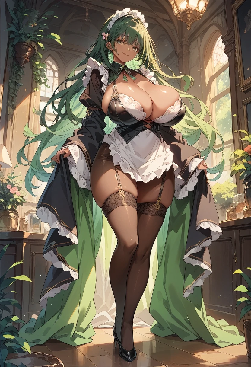 score_9, score_8_up, score_7_up, source_anime,full body, beautiful, Perfect Eyes, Perfect Face, Perfect lighting, 1 girl, tiny height, Long Hair, Exotic Leather (Brown Skin:1.5) ,Green Hair, (huge Breasts:1.5), disproportionate breasts, Wide Hips, Maid clothes,pantyhose,Black high heels, Sexy smile,