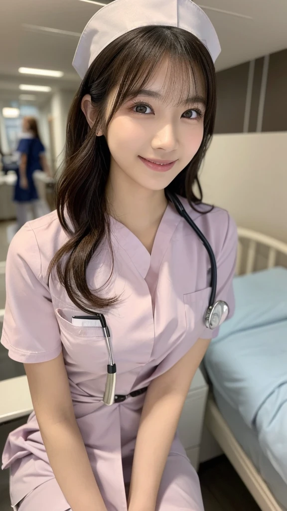 (Highest quality: 1.5), (Realistic: 1.5), (1 person: 1.5), Very detailed, High resolution, 8k,Natural color lips, Cute Smile, Japanese women, 20-year-old girl, Beautiful and elegant features, Perfect and beautiful face, Balanced big eyes, Beautiful and elegant features, Natural double eyelids, Natural Bangs, Beautiful thin nose, Beautiful Skin, Medium Bob Hair , Natural Bangs , Perfect and beautiful face, Slim face and figure, (Looking at the camera with a sweet smile), Bright lighting, Professional Lighting, Forward lighting, Beautiful feet: 1.2, Smooth Skin, Slender body, Slim waistline, slim thin thighs, Detailed clothing,  (real short nurse uniform:1.2), (Breast nurse:1.4), Ultra HD, Realistic, hospital, Light Pink
