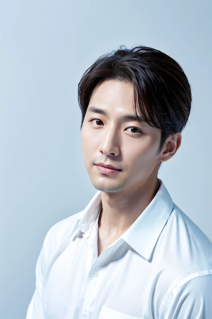 4K camera, perfect face, perfect skin, Korean man, white shirt, 42 years old, actor, pure white background