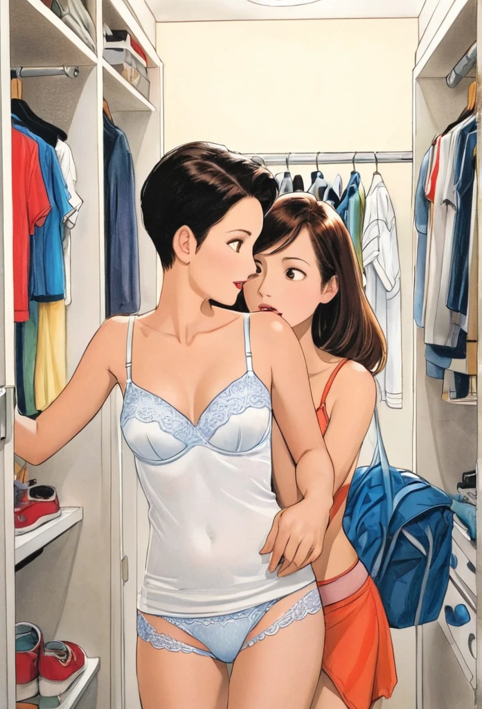 scene of mom and son sharing dressing room, they both wearing underwear ,short camisole，white，Art，ad，colour pencil drawing，draft drawing ，comic collage，illustration