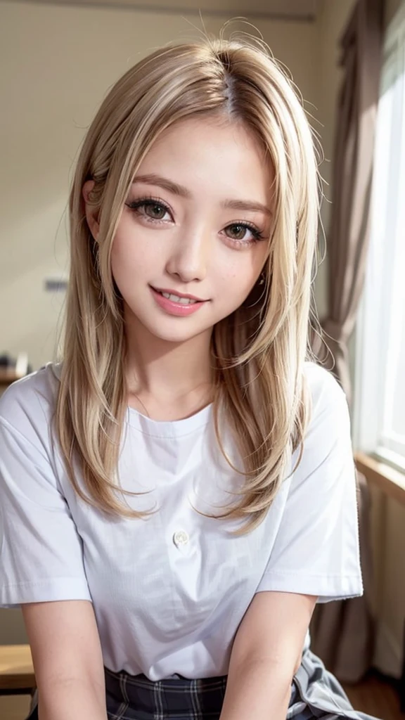 Realistic, masterpiece, highest quality, highest resolution, one Japanese high school girl, 16 years old, upper body photo, She narrows her eyes and looks at me with a shy smile and a smile, smiling with open mouth, Beautiful and detailed eye drawing, (droopy eyes:1.3), black eyes, thin eyebrows, Carefully draw eyelashes, A little tooth is visible, gal makeup, (blonde hair, midium hair, middle part:1.3), (hidden creased eyelids:1.3), He is wearing a neat white button-up shirt., She is wearing a short pleated skirt with a gray plaid pattern, A was photographed from below at an angle, school classroom