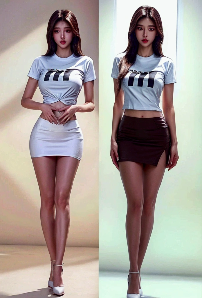 ((mid night, top-quality, 8k, ​masterpiece:1.3)), full bodyesbian, long legged, （sharp focus:1.2）, （Beautiful woman with perfect body shape:1.4）,（Slender Abs:1.1）, ((dark brown hair, huge tit:1.2)), (white tight t-shirt, Tight skinny Ultra short skirt is standing:1.2), Highly detailed facial and skin texture, A detailed eye, double eyelid