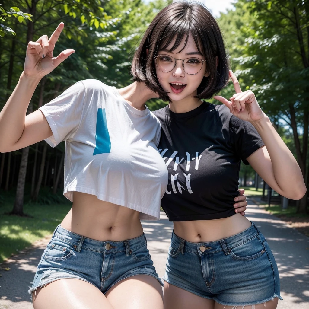 a 21 year old girl, short white hair, glasses with orange lenses, wears a black shirt with coffee written on it, light blue denim shorts. she has big breasts, waist long, happy face with tongue out, and makes the gesture of "dva" With the hands. The scene takes place in a sunny park, with bright light filtered through the trees. The atmosphere is relaxed and cheerful.