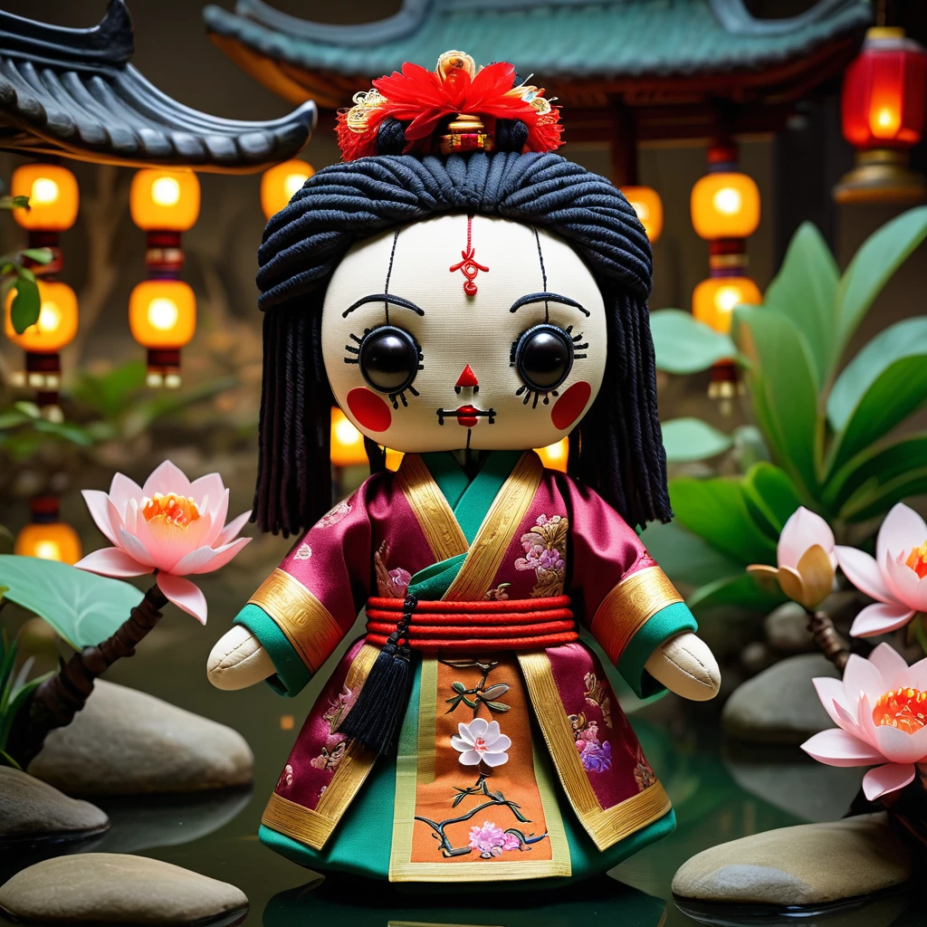 (knitted toy voodoo doll:1.7), (Voodoo Confucius:1.3), (Clothing: ancient Chinese philosopher attire with wisdom patterns:1.0), (Accessories: enchanted scroll emitting a serene glow, floating jade statue:1.1), (background: tranquil Chinese garden with blooming flowers, serene ponds, and an atmosphere of profound wisdom:1.2), best quality, masterpiece, detailed soft oil painting, detailed background, dramatic cinematic lighting, soft edge lighting, professional, dramatic lighting, hard edge lighting, ultra quality, 4k,masterpiece, best quality, 8k, ultra highres, highres, extremely detailed