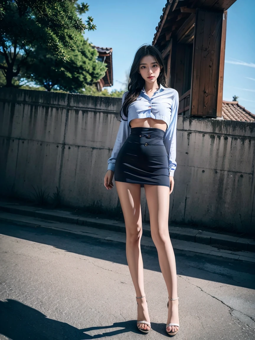 1 girl, blue eyes, Long hair, Big breasts,，Button-up shirt，Pronounced nipple contour，Exposed breasts， Super short skirt，（（T-back exposed：1.6）），Sheer short skirt，High slit，Legs open，Thin hips，Flat belly，Low Rise，Showing belly，belly button，Facing the camera，Look at the lens，full-body shot，（超Low angle upward shot：1.6）， Unity 8k wallpaper, Ultra Detailed, Aesthetic, masterpiece, best quality, Realistic，Random color matching，Face HD，Full body close-up，Extreme low-angle telephoto：1.6。Shoot at extreme angles，Shoot up，（Underskirt view：1.6）underboob shirt,skirt，Small amount，Prominent genital outline。underboob，Low angle upward shot：1.6