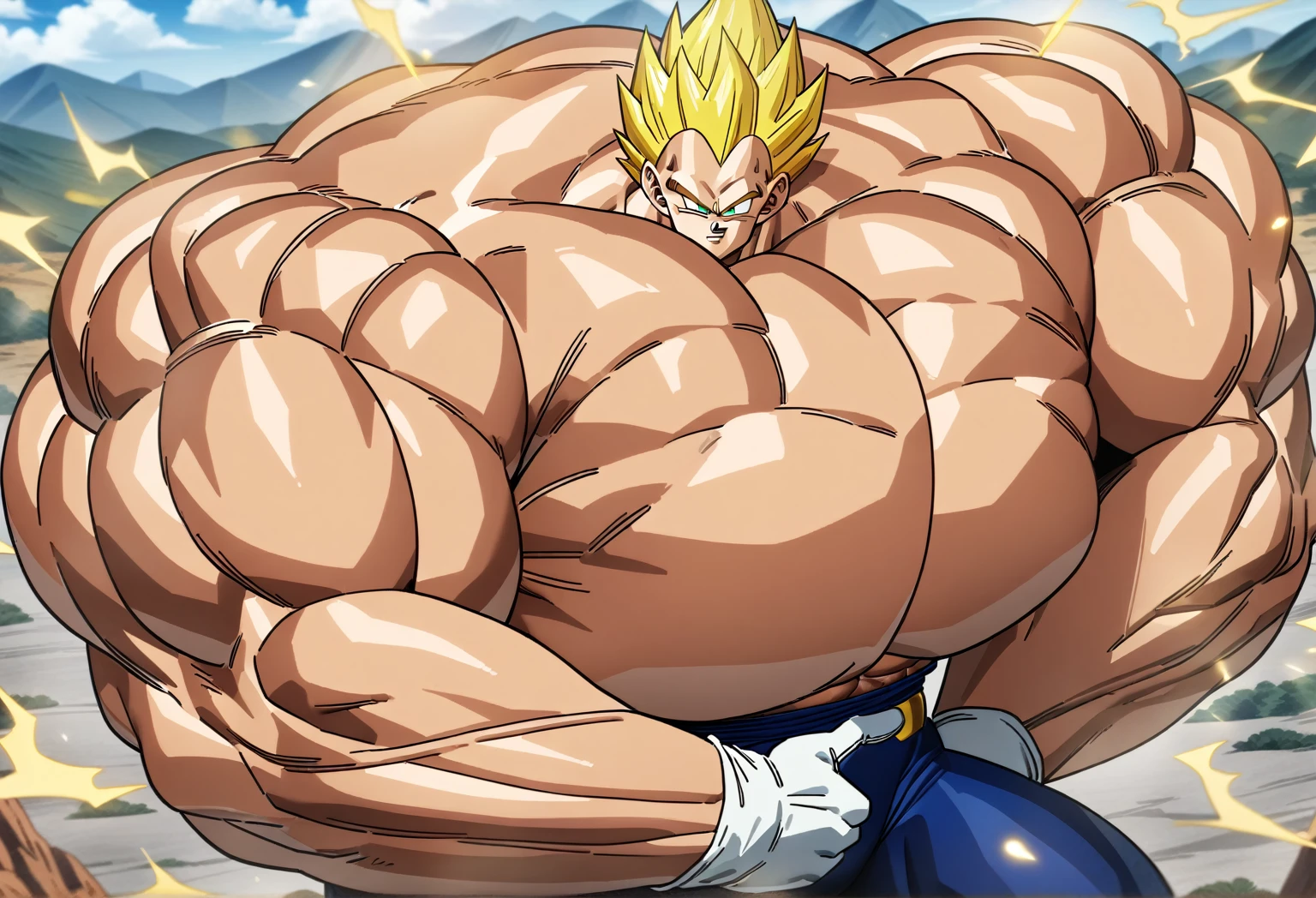 1boy, Vegeta, from Dragon Ball Z, masterpiece, best quality, very aesthetic, absurdres, saiyan, green eyes, spiked hair, (yellow hair:2), shirtless, blue skintight pants, white gloves, (huge muscles:2.5), dragonballartstyle, in the style of Akira Toriyama, outdoors, flat-top mountains, abs, yellow aura, electricity