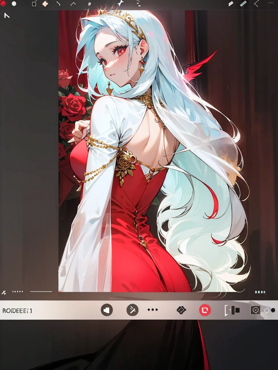 Add in roses to her dress, a good back dress design with some golden jewelry, make her dress into a red and white gown with a hat, give her some unique Jewelry, and make her look somewhat of a demonic angel like appearance to her