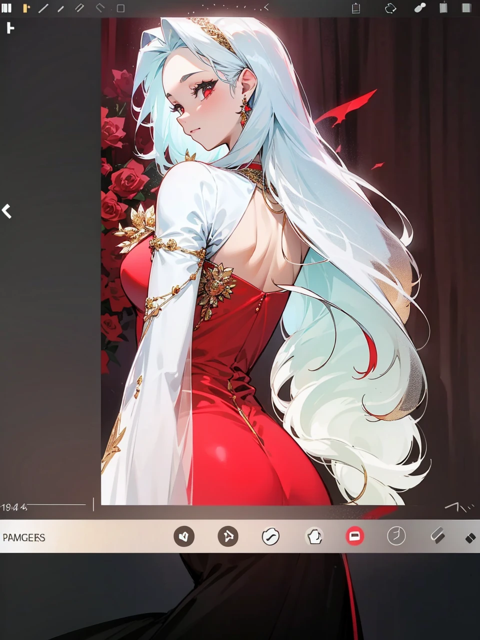 Add in roses to her dress, a good back dress design with some golden jewelry, make her dress into a red and white gown with a hat, give her some unique Jewelry, and make her look somewhat of a demonic angel like appearance to her