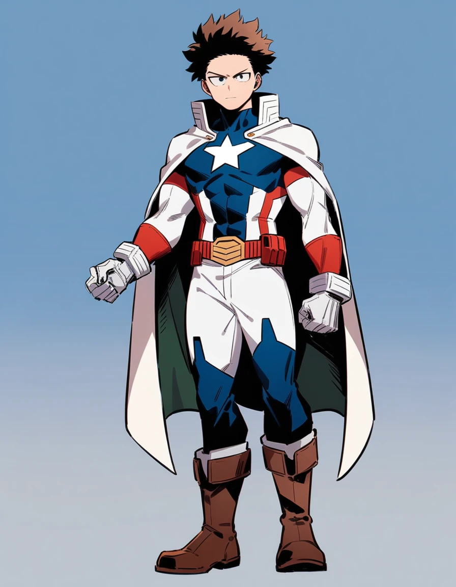 One boy, male focus, brown short hair, boku no hero academia, Izuku Midoriya look alike, masterpiece, best quality, very aesthetic, red, blue, white super hero suit, cape, boots, captain America like, proportionally anatomical, full body illustration, casual front pose.