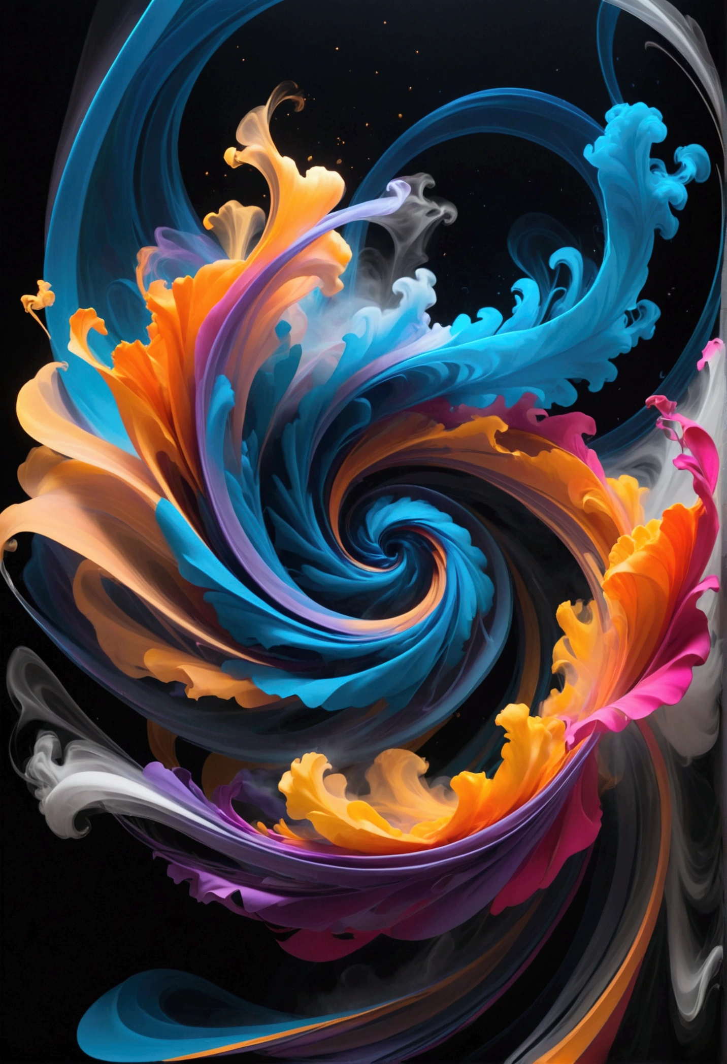 A burst of vivid shades, swirling and twirling in a fluid motion like smoke on the wind.