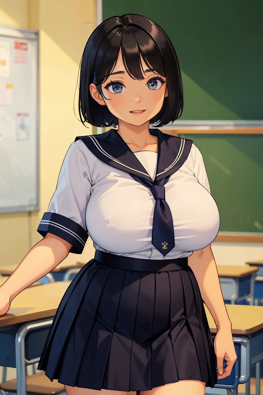 (超High resolution,4K,Very detailed, photograph, 8k, High resolution, High resolution, Absurd:1.2),18 year old Japanese female,Black Hair,Beautiful character design,Beautifully detailed eye depiction,Perfect Face,Expressive eyes,Brown eyes,Please smile with your teeth showing,(School Sailor Uniform,Navy Blue Skirt),Open clothes,White socks,Black Loafers,(Huge breasts:1.0),(See-through bra:0.3),Tight waist,In the classroom,Daytime,Cowboy Shot