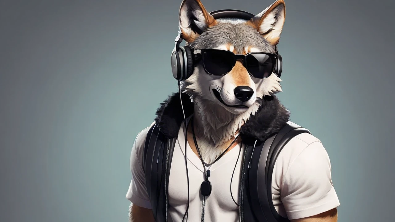 Wolf character in sunglasses and headphones In Nike clothes