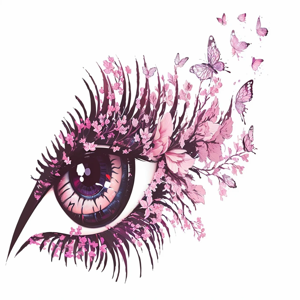 There is a painting,画中有一只eye of a woman,Butterflies fly around, There is a red rose in the corner of the eye,beautiful eyes,blue eyes, A beautiful artistic illustration, Beautiful gazing eyes, big eyes,With eyelashes, Beautiful and delicate eyes, eye of a woman, Beautiful and delicate eyes, eye art, Detailed eyes with pupils, Eyes are exquisite, shimmer in eyes, glowing pink eyes, Magical eyes,White background