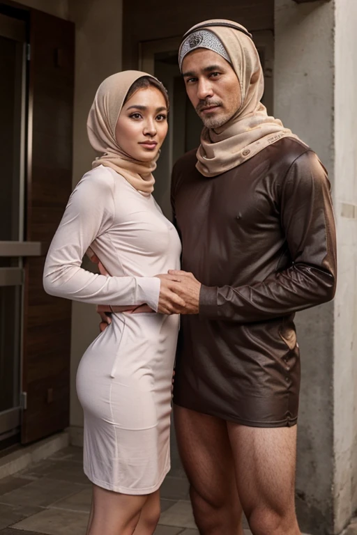 Couple consists of a young muslimah naughty girl and full naked old bald man, the girl is an Indonesian slim georgeus tiny girl 19 years old that wearing thin see through muslimah long sleeve and knee long dress, the man is full naked Indonesian adult macho man 55 years old that having good looking erection circumcised round shape tip penis, they are loving each other, both are standing holding and touching each otherwant to doing hot sex, very detail, very realistic, very natural, man's body biger than the girl's body, both are horny, the girl face is as very wanting to having sex now,