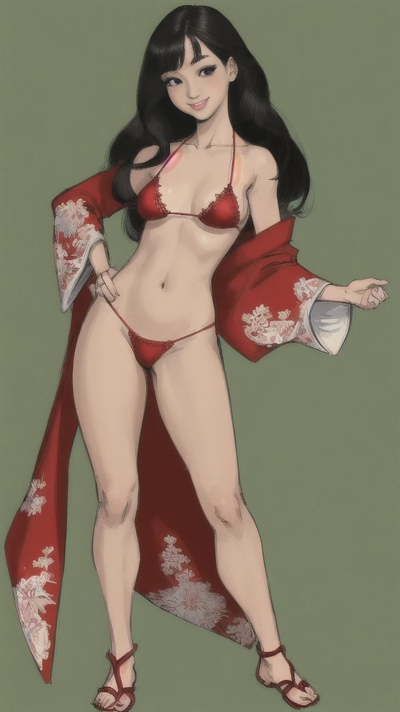 (High quality, Ultra detailed, best quality, insanely detailed, beautiful, masterpiece:1.3), cartoon, Japanese girl, full body, wearing a red bikini, standing, long eyelashes, smile, small nose, medium hair, black hair, facing forward, looking at the camera, highly detailed and cleanly rendered, BREAK simple green background