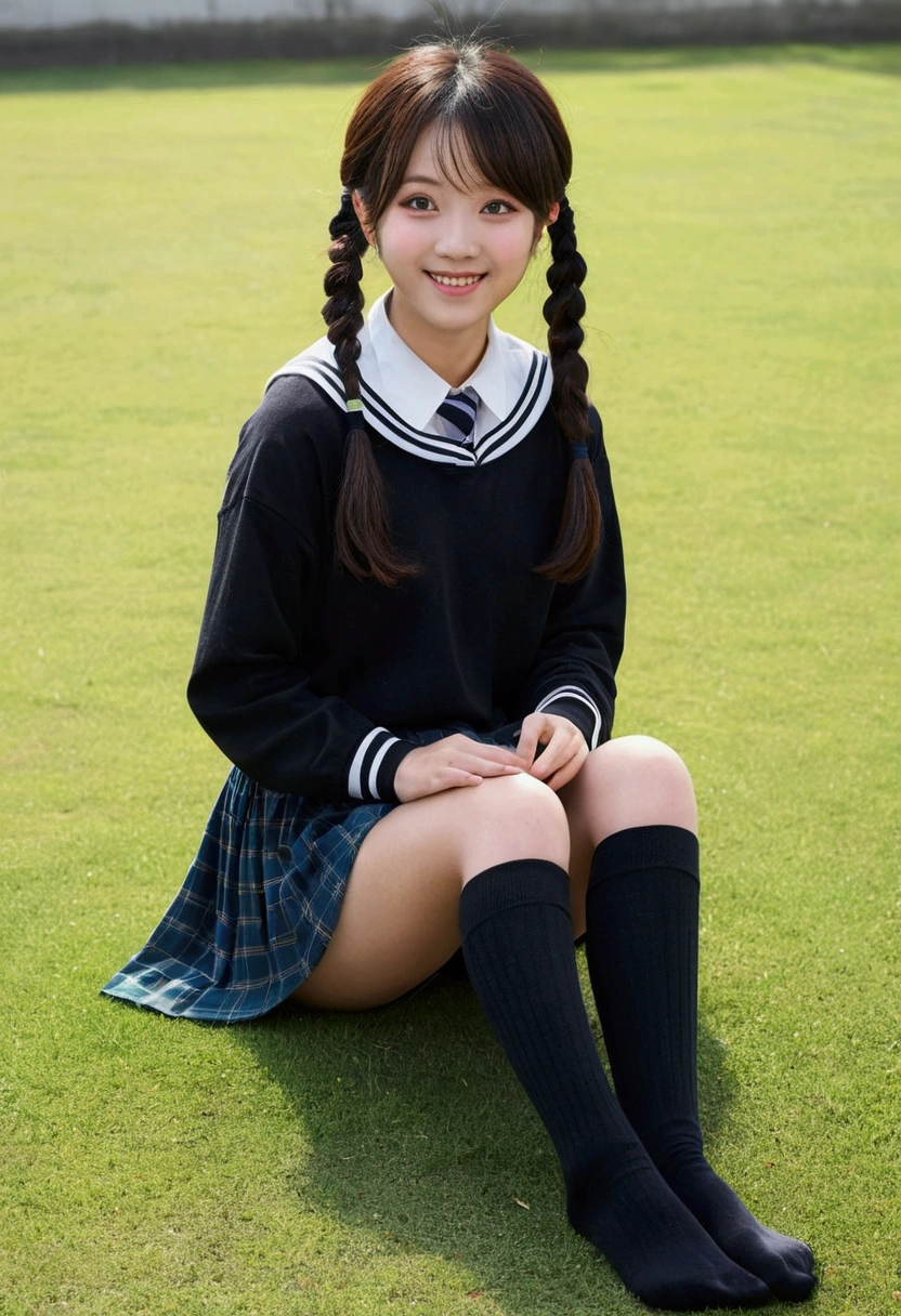 ((full body shot))、realistic,photorealistic,Super detailed,perfect shading,shiny skin,Big eyes、long eyelashes、Neat and clean hairstyle、smile、open your mouth、school life,,girl,軽いsmile,schoolyard、Sit on the lawn、Stretch your legs straight to the left and right、With chin rest、((black knee high socks))