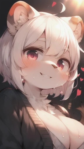 (furry:1.5)(hi res), ((masterpiece)),((best quality)),breast,anime,(finely detailed face:1.4),curvy,(plump),tanuki,round face,young,black fur,clothes,heart,((((yandere)))),smile,sweaty,backlighting,crazy eye,low angle,jitome,short hair,(bushy tail),white hair,(Fluffy fur:1.4),(white fur),((cardigan)),big breast,