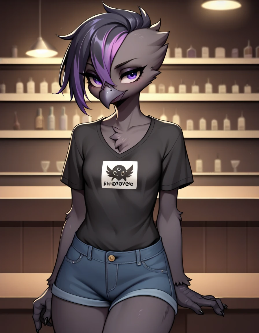 score_9, score_8_up, score_7_up, sera, kemono style, Anthro black avian, puffed up feathered chest fluff, purple eyes, tall slender body, small breasts , black hair with purple highlights, female, wearing black t shirt, in a bar, hands on the counter, grinning, leaning on the counter, looking at viewer, seductive smile, 