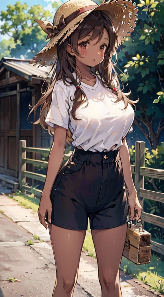 country girl，Short-sleeved shirt，Short-sleeved shirt，shorts，straw hat，Sunlight，Enthusiastic，Cheerful，Sunlight，solarised，solarised，Country Style，Brown skin，Brown skin，Coffee-colored skin，Dark skin，solarised，日式Country Style，Outdoor Background，Outdoor Background，Big breasts，Big breasts，Big Ass，Full figure