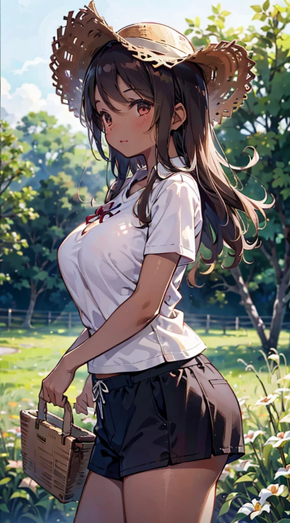 country girl，Short-sleeved shirt，Short-sleeved shirt，shorts，straw hat，Sunlight，Enthusiastic，Cheerful，Sunlight，solarised，solarised，Country Style，Brown skin，Brown skin，Coffee-colored skin，Dark skin，solarised，日式Country Style，Outdoor Background，Outdoor Background，Big breasts，Big breasts，Big Ass，Full figure