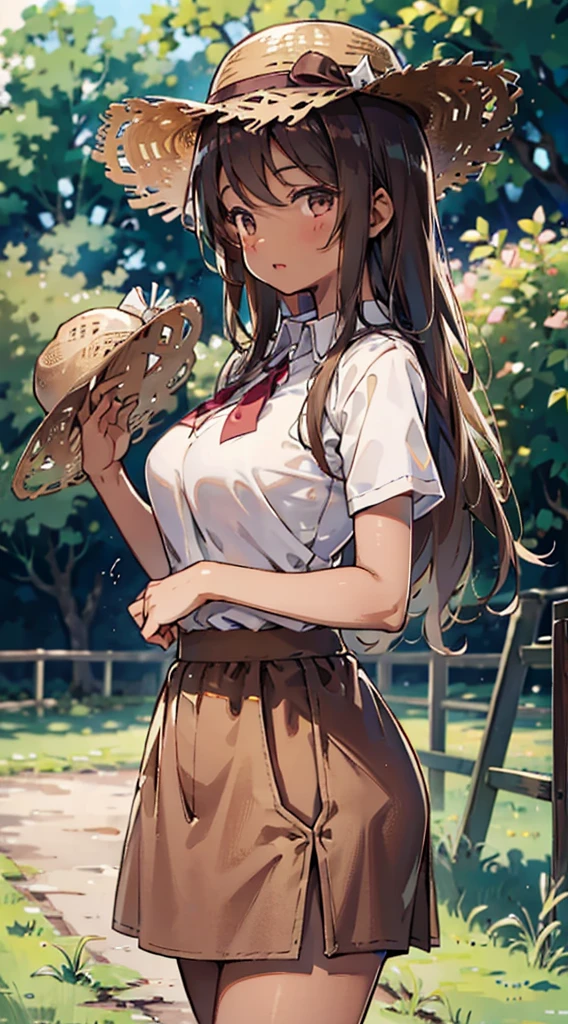 country girl，Short-sleeved shirt，Short-sleeved shirt，shorts，straw hat，Sunlight，Enthusiastic，Cheerful，Sunlight，solarised，solarised，Country Style，Brown skin，Brown skin，Coffee-colored skin，Dark skin，solarised，日式Country Style，Outdoor Background，Outdoor Background，Big breasts，Big breasts，Big Ass，Full figure