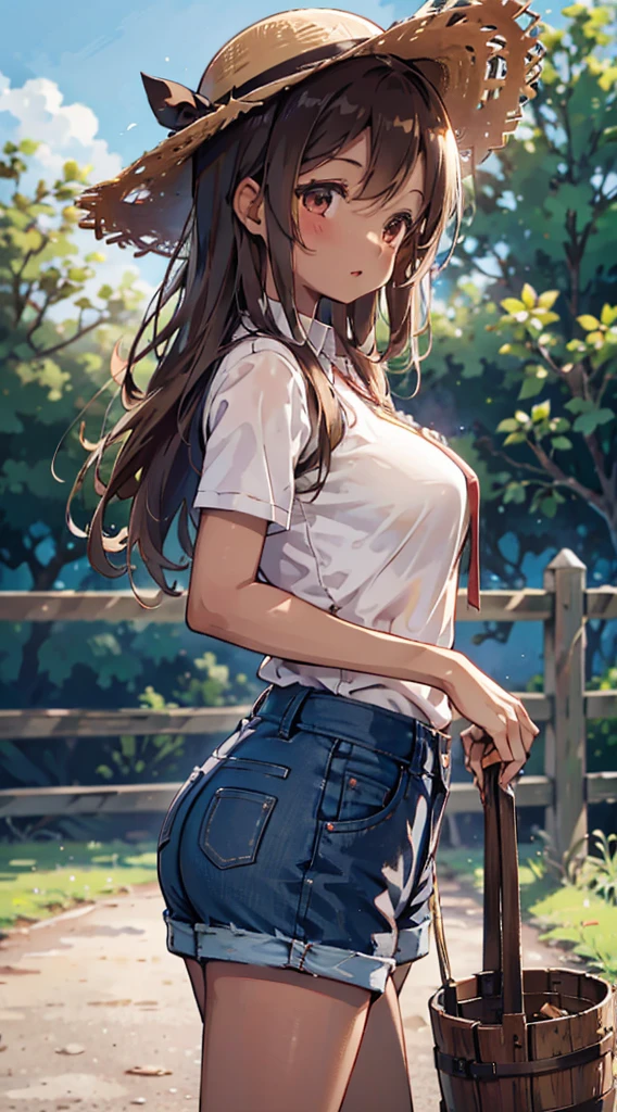 country girl，Short-sleeved shirt，Short-sleeved shirt，shorts，straw hat，Sunlight，Enthusiastic，Cheerful，Sunlight，solarised，solarised，Country Style，Brown skin，Brown skin，Coffee-colored skin，Dark skin，solarised，日式Country Style，Outdoor Background，Outdoor Background，Big breasts，Big breasts，Big Ass，Full figure