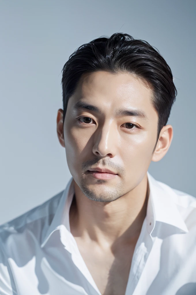 4K camera, perfect face, perfect skin, Korean man, white shirt, 42 years old, actor, pure white background