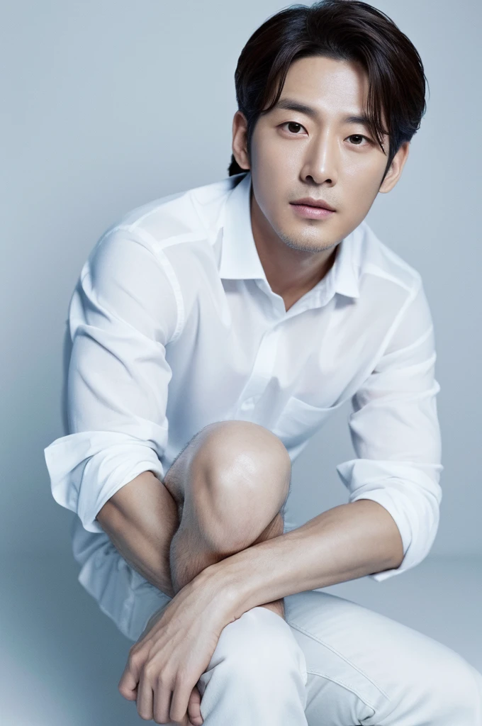 4K camera, perfect face, perfect skin, Korean man, white shirt, 42 years old, actor, pure white background