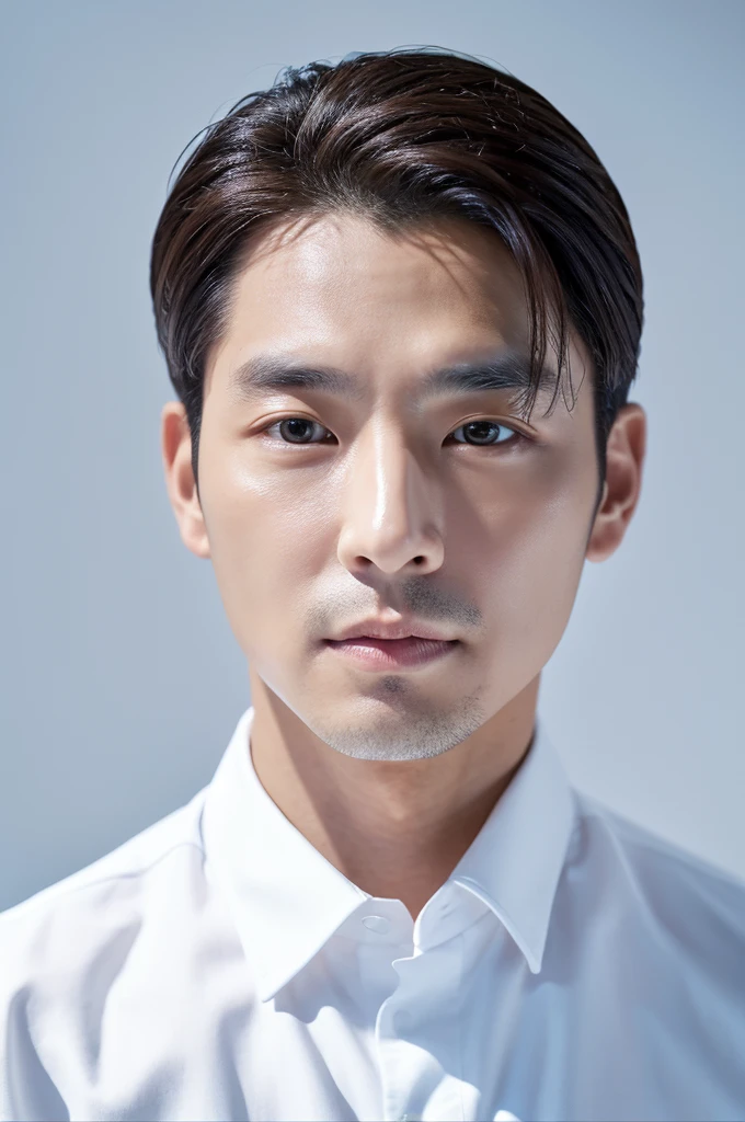 4K camera, perfect face, perfect skin, Korean man, white shirt, 42 years old, actor, pure white background 