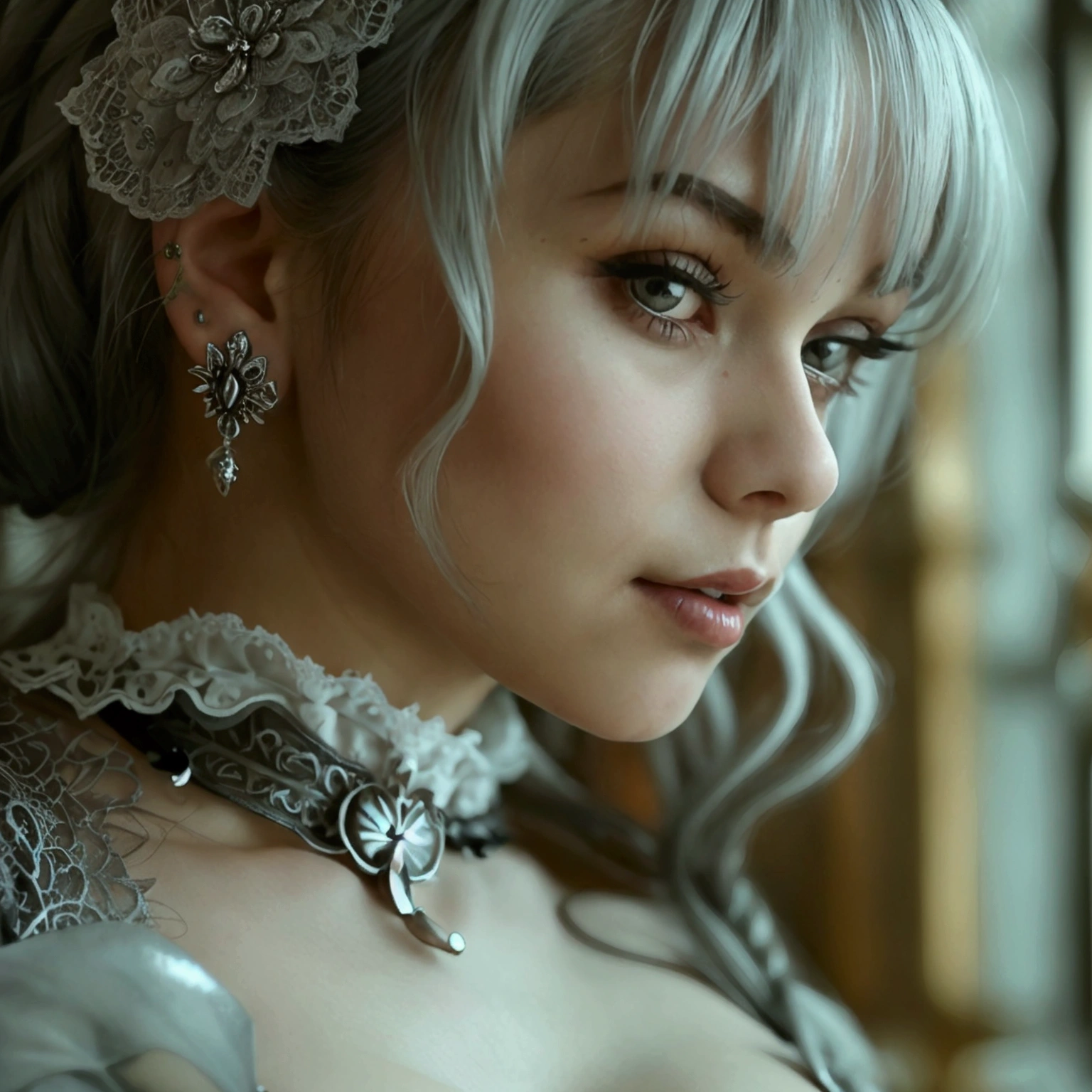 High quality, rich in detail, twin-tailed silver-haired girl posing cutely. They wear vintage Gothic gothic clothes, wearing bracelets, earrings and necklaces. Big are also visible. The photo is a close-up of the face, with cleavage, shiny breasts, sweat in the cleavage, and a sexy vibe.
