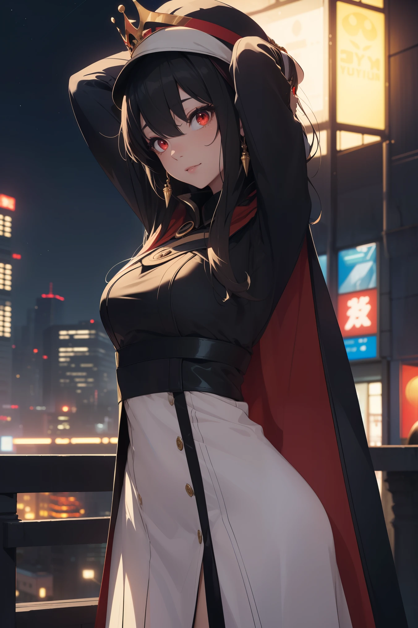 bbyorf, short hair with long locks, white hairband, ((red eyes:1.5)), gold earrings,
BREAK (long sleeves, hat, dress, cape, tiara, crown, purple cape, white dress, long sleeves:1.2),
BREAK (Night:1.7), Japan, cyberpunk, CityView, Before Window, Standing at attention,armpits,arm up, expressive eyes,seductive smile, looking at viewer, NSFW,(Full_body),
BREAK (masterpiece:1.2), best quality, high resolution,NSW ,unity 8k wallpaper, (illustration:0.8), (beautiful detailed eyes:1.6), extremely detailed face, perfect lighting, extremely detailed CG, (perfect hands, perfect anatomy),