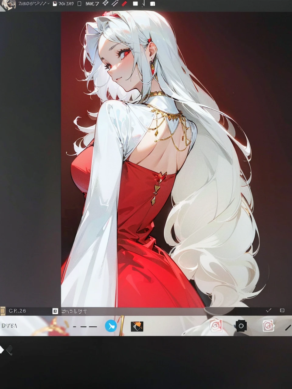 Add in roses to her dress, a good back dress design with some golden jewelry, make her dress into a red and white gown with a hat, give her some unique Jewelry, and make her look somewhat of a demonic angel like appearance to her