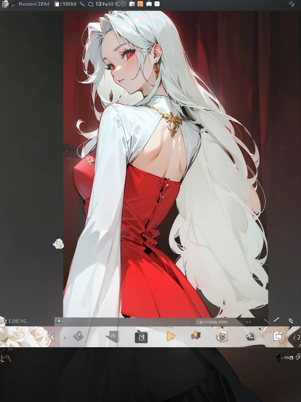 Add in roses to her dress, a good back dress design with some golden jewelry, make her dress into a red and white gown with a hat, give her some unique Jewelry, and make her look somewhat of a demonic angel like appearance to her