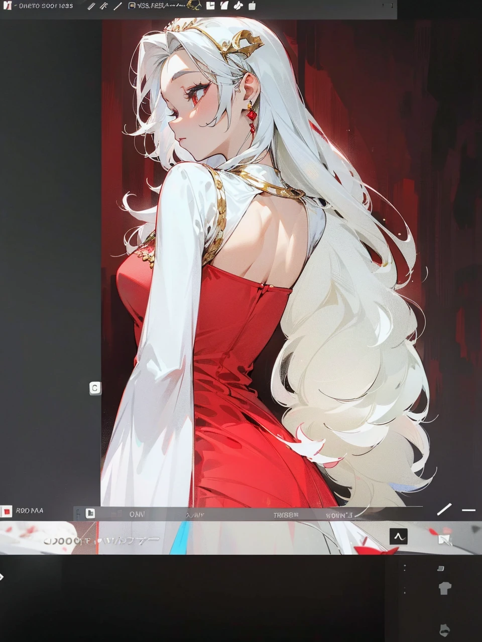 Add in roses to her dress, a good back dress design with some golden jewelry, make her dress into a red and white gown with a hat, give her some unique Jewelry, and make her look somewhat of a demonic angel like appearance to her