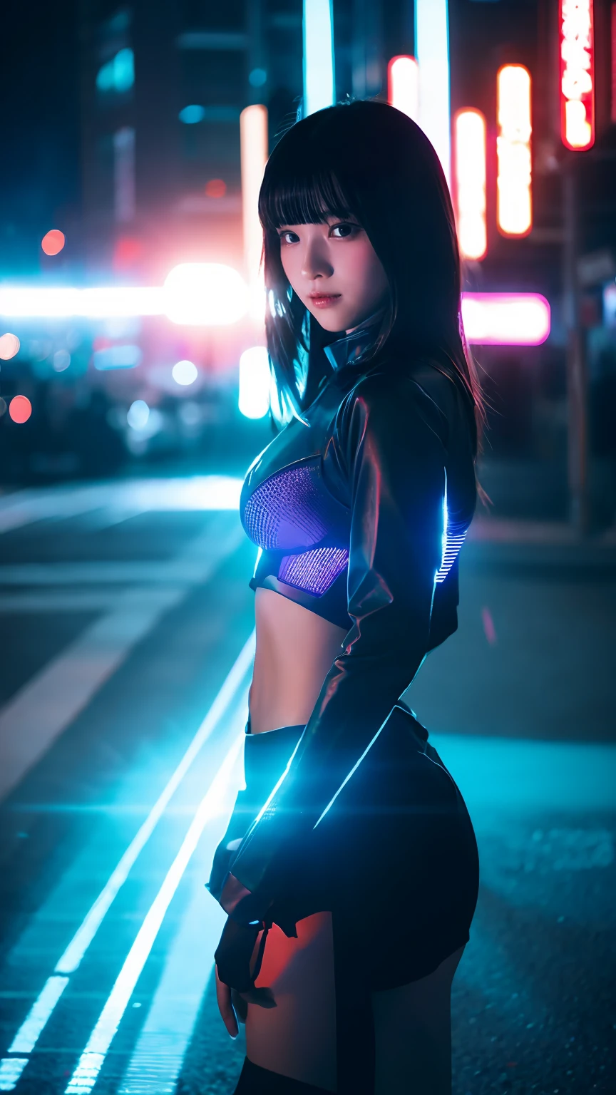Japanese、One girl, Cyberpunk themed costume, Blue light effect, Dynamic light effects,explosion、