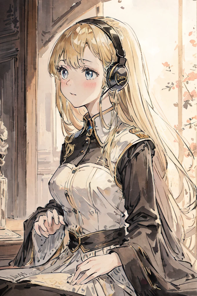 masterpiece, Highest quality, Very delicate and beautiful girl,Very delicate and beautiful, world masterpiece theater, Very detailed, Very detailed, Highest quality, Blonde, High resolution, Very detailed,One girl, Highest quality, figure, View your viewers, material, canvas, oil, Genuineistic, Genuineist ,Genuine,A high school girl in a uniform wearing a headset and listening to music