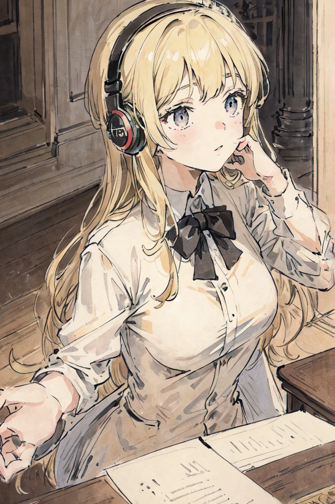 masterpiece, Highest quality, Very delicate and beautiful girl,Very delicate and beautiful, world masterpiece theater, Very detailed, Very detailed, Highest quality, Blonde, High resolution, Very detailed,One girl, Highest quality, figure, View your viewers, material, canvas, oil, Genuineistic, Genuineist ,Genuine,A high school girl in a uniform wearing a headset and listening to music