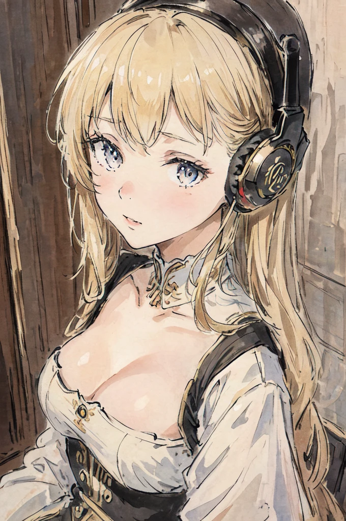 masterpiece, Highest quality, Very delicate and beautiful girl,Very delicate and beautiful, world masterpiece theater, Very detailed, Very detailed, Highest quality, Blonde, High resolution, Very detailed,One girl, Highest quality, figure, View your viewers, material, canvas, oil, Genuineistic, Genuineist ,Genuine,A high school girl in a uniform wearing a headset and listening to music
