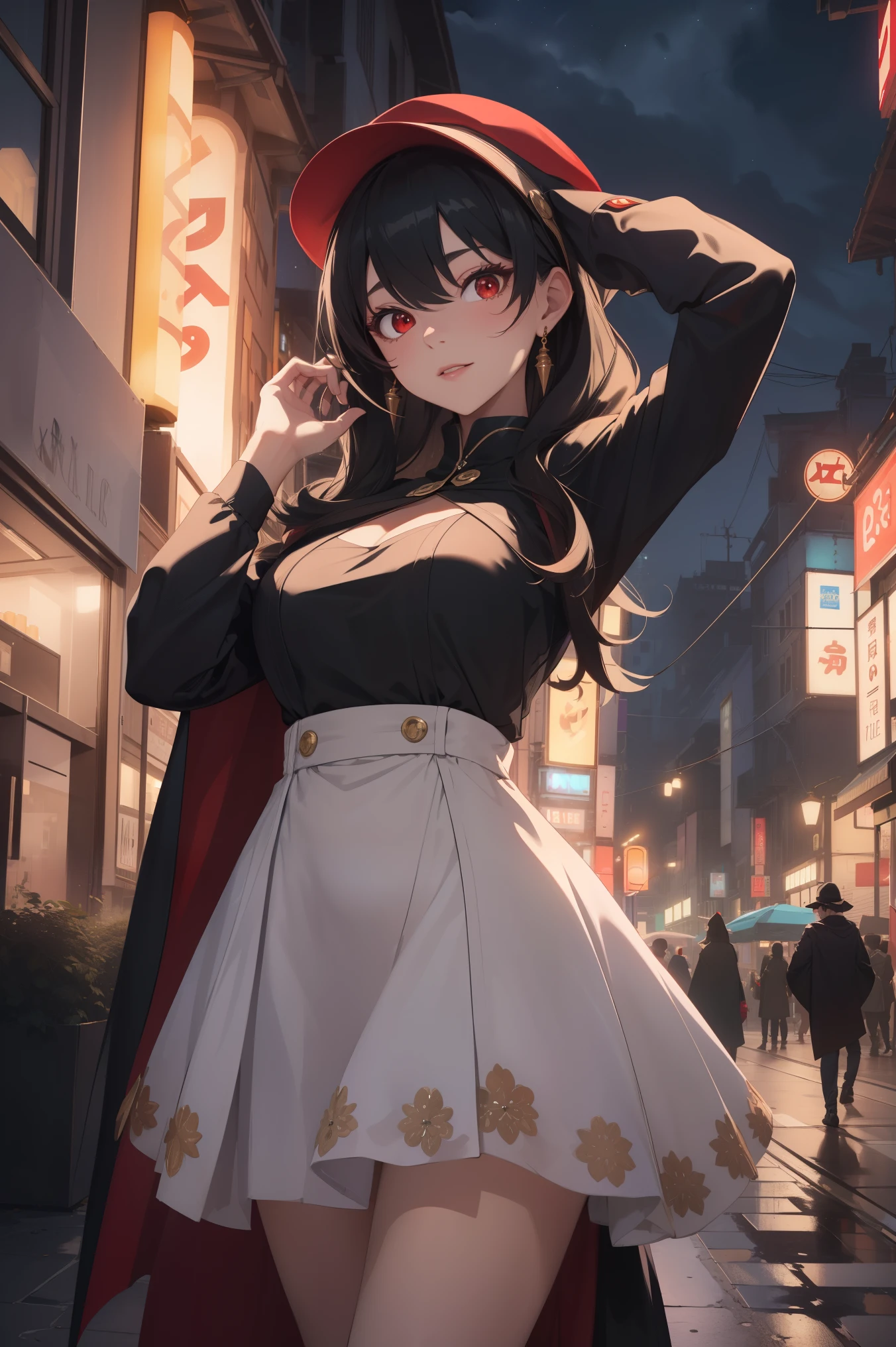 bbyorf, short hair with long locks, white hairband, ((red eyes:1.5)), gold earrings,
BREAK (long sleeves, hat, dress, cape, tiara, crown, purple cape, white dress, long sleeves:1.2),
BREAK (Night:1.7), Japan, cyberpunk, CityView, Before Window, Standing at attention,armpits,arm up, expressive eyes,seductive smile, looking at viewer, NSFW,(Full_body),
BREAK (masterpiece:1.2), best quality, high resolution,NSW ,unity 8k wallpaper, (illustration:0.8), (beautiful detailed eyes:1.6), extremely detailed face, perfect lighting, extremely detailed CG, (perfect hands, perfect anatomy),